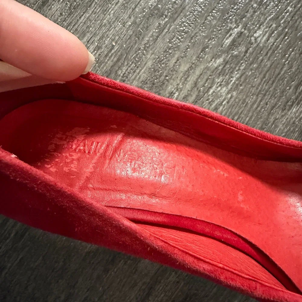 Bailing Li Ren Red Suede Platform Heels with Glitter Bow Pumps Women Size 5.5